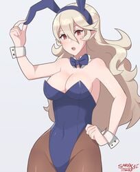 1girls animal_ears bad_id bad_twitter_id bare_shoulders blonde_hair blue_bowtie blue_leotard bowtie breasts bunny_ears bunny_girl bunny_tail bunnysuit cleavage corrin_(fire_emblem) corrin_(fire_emblem)_(female) covered_navel detached_collar dragon fake_animal_ears fake_tail female female_only fire_emblem fire_emblem_fates fishnet_pantyhose fishnets hair_between_eyes hair_ornament hairband hand_on_hip highleg highleg_leotard highres large_breasts leotard long_hair looking_at_viewer mamkute manakete navel nintendo pantyhose playboy_bunny pointy_ears rabbit_ears rabbit_tail red_eyes sarukaiwolf silver_hair simple_background solo tail wrist_cuffs