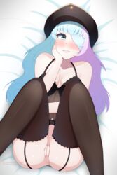 1girls ass bed blue_eyes blue_hair blush bra female female_only garter_belt garter_straps hat human kneehighs lingerie nylons pale_skin peaked_cap pink_hair pussy small_breasts solo spread_legs stockings thighhighs two_tone_hair zapklink