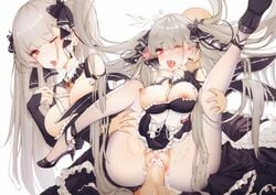 1boy azur_lane bangs bare_shoulders between_breasts big_breasts black_dress blush breasts censored cleavage cum cum_in_pussy cumdrip dress earrings eyebrows_visible_through_hair female feng_yezi formidable_(azur_lane) frilled_dress frills grey_hair hair_ribbon high_heels jewelry large_breasts long_hair long_sleeves looking_at_viewer nipples one_eye_closed open_mouth overflow pantyhose penis pussy red_eyes reverse_suspended_congress ribbon saliva sex solo_focus spread_legs straight sweat torn_clothes torn_legwear trembling twintails two-tone_dress two-tone_ribbon vaginal_penetration very_long_hair white_legwear