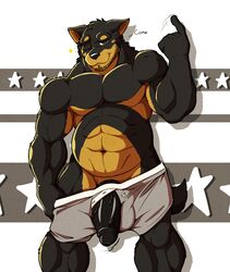 2019 5_fingers abs anthro beard beauceron biceps black_nose black_penis black_skin brown_eyes brown_skin bulge canid canine canis daddy-o doggieo domestic_dog english_text erection facial_hair furry herding_dog humanoid_penis inviting looking_at_viewer male male_only mammal multicolored_skin muscular muscular_male muscular_thighs one_eye_closed pastoral_dog pecs penis penis_shaped_bulge simple_background smile solo solo_male standing text thick_penis topless two_tone_skin underwear undressing vein wardrobe_malfunction