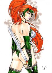 2018 abstract_background amazon artemis_of_bana-mighdall ass bana-mighdall big_breasts blue_eyes breasts broadsword busty curvaceous curvy dated dc dc_comics ed_benes_studio female female_only from_behind gardenio_lima gloves green_clothes green_clothing green_gloves green_leotard helm holding_sword holding_weapon human leotard long_hair nipples orange_hair pink_lips ponytail red_hair signature solo spiked_boots superheroine sword themysciran thighhighs thong voluptuous warrior weapon wonder_woman_(series)