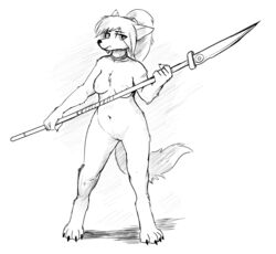 2019 absurd_res alon alonwoof anthro bare_sands barefoot blue_hair breasts canid canine canis casual_nudity collar collar_only female fluffy fluffy_tail fur hair hi_res looking_at_viewer mammal melee_weapon naginata nipples nude polearm pussy simple_background slightly_chubby solo the-minuscule-task thick_thighs video_games weapon white_fur wolf