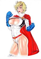 1girls 2017 ass big_breasts blonde_hair blue_eyes blue_gloves breasts busty cape cleavage cleavage_cutout curvaceous curvy dated dc dc_comics earth-2 earth2 earth_2 ed_benes_studio female female_only fist frank_lima gloves hourglass_figure jsa justice_society justice_society_of_america kara_zor-l karen_starr kryptonian leotard pinup power_girl red_cape red_lips red_lipstick short_hair signature skintight solo superheroine thick_thighs thighs voluptuous white_leotard