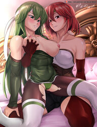 2girls arm_support artist_name bare_shoulders black_shorts blush breast_grab breasts breasts_out brown_eyes collarbone couple covered_navel detached_sleeves duo elbow_gloves female female_only fire_emblem fire_emblem:_mystery_of_the_emblem fire_emblem:_shadow_dragon_and_the_blade_of_light gloves grabbing green_detached_sleeves green_eyes green_hair green_headband green_panties green_tubetop grin groping hair_between_eyes half-closed_eyes headband high_resolution hocen human human_only large_breasts long_hair looking_at_viewer medium_breasts minerva_(fire_emblem) multiple_girls naughty_face neck nintendo nipples palla_(fire_emblem) panties pantyhose parted_lips patreon_logo pegasus_knight red_gloves red_hair red_legwear seiza short_hair shorts sitting sitting_on_lap sitting_on_person smile strapless thighhighs toned torn_clothes torn_pantyhose tubetop underwear very_high_resolution white_headband white_legwear white_tubetop wyvern_medusa_(fate) yuri