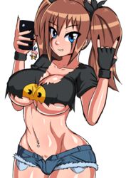 big_breasts blue_eyes brown_hair futanari intersex liz_namo oppai_forge original_character selfie