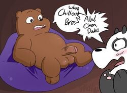 balls black_nose blush brown_bear cartoon_network dialogue duo english_text giant_panda grizzly_(wbb) grizzly_bear male male_only mammal nude open_mouth panda_(wbb) peachy-pudding penis signature speech_bubble text ursid ursine we_bare_bears