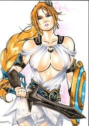 1girls 2018 arm_guards belt big_breasts blonde_hair blue_eyes breasts busty curvaceous curvy dated ed_benes_studio female female_only gardenio_lima holding_shield holding_sword holding_weapon human long_hair milf pauldrons pink_lips pink_lipstick sheer shield signature skirt solo sophitia_alexandra soul_calibur sword voluptuous warrior white_clothes white_clothing