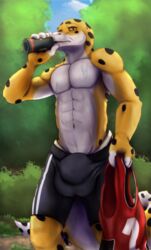 anthro athletic ball_growth big_bulge bulge clothed clothing drinking gecko growth hi_res lizard looking_at_viewer male male_only penis penis_growth reptile scalie sequence solo solo_male sweat vodcat