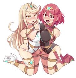 2girls absurdres angry arms_behind_back asymmetrical_docking bagelbomb bangs bare_shoulders blonde_hair blush bondage bound bound_together breasts brown_eyes competition_swimsuit crotch_rope earrings femsub full_body fully_clothed gem hair_ornament headpiece highres jewelry kneeling large_breasts long_hair multiple_girls multiple_subs mythra nervous nintendo one-piece_swimsuit open_mouth pink_hair pyra rope short_hair sweat sweatdrop swimsuit tiara tied_together very_long_hair wet white_background xenoblade_(series) xenoblade_chronicles_2 yellow_eyes