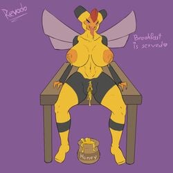 1:1 1girls abs anthro anthrofied bee big_breasts breasts eyelashes female female_only half-closed_eyes hi_res honey huge_breasts insect lactating_honey lactation muscular muscular_female nintendo nude original_character pokémon_(species) pokemon pokemon_dppt purple_eyes revodo sitting solo text thick_thighs unusual_lactation vespiquen video_games watermark wings