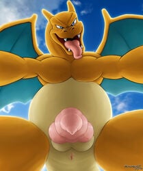 1boy all_fours animal_genitalia animal_penis anthro anthrofied anus ass blue_eyes canine_penis charizard chubby cloud cock_pointing_towards_viewer erection fangs horn knot looking_at_viewer male male_only nintendo no_nipples nude open_mouth outside pecs penis penis_towards_viewer pink_penis pokémon_(species) pokemon pokemon_(species) pokemon_rgby presenting presenting_anus presenting_hindquarters presenting_penis scalie sharp_teeth smile solo spread_legs spread_wings spreading teeth testicles text thick_penis thick_thighs tongue tongue_out veins veiny_knot veiny_penis video_games watermark wings ximorexx