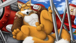 abs aircraft airplane animal_genitalia anthro anus ass balls barefoot blue_eyes bottomless canid canine claws clothed clothing cloud eyewear fox fur gloves goggles jacket looking_at_viewer male male_only mammal manly mostly_nude muscular muscular_male outside pecs presenting presenting_anus presenting_hindquarters sea sega sheath sitting smile solo sonic_(series) spread_legs spreading tails toe_claws topwear video_games water whiskers ximorexx