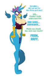 1futa angry anthro anthrofied areola avian big_breasts blue_eyes blush bow breasts cleavage clenched_teeth clothed clothing dialogue dickgirl english_text friendship_is_magic futanari gallus_(mlp) gryphon intersex jrvanesbroek my_little_pony nipple_outline penis pose solo standing teeth text