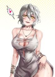 1girls bangs big_breasts blush breasts clothed clothing code_vein female female_only gesugao hair_between_eyes hessra huge_breasts io_(code_vein) jewelry large_breasts necklace open_mouth parted_lips solo sweat yellow_eyes