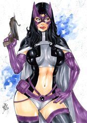 1girls 2018 big_breasts birds_of_prey black_hair blue_eyes breasts busty crossbow curvaceous curvy dated dc dc_comics dcau ed_benes_studio female female_only gloves hand_on_thigh helena_bertinelli holding_weapon huntress_(dc) justice_league lanio_sena long_hair looking_to_the_side mask midriff panties pouch purple_gloves purple_mask red_lips red_lipstick signature superheroine thighhighs voluptuous weapon white_panties