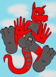 <3_marking 3_toes 5_fingers anthro anus ass balls biped blue_background blue_eyes cloud dragon feet grey_scales heart hi_res long_ears long_tail looking_at_viewer male multicolored_scales nipples nude outside penis red_scales red_tail rubis rubisdrake scales scalie simple_background smile solo toes tongue tongue_out two_tone_scales uncut