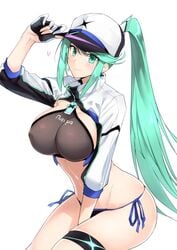 1girls absurdres adapted_costume bangs baseball_cap bikini black_bikini blush breasts closed_mouth clothed cosplay cropped_jacket earrings female gloves green_eyes green_hair halcon harukon_(halcon) hat heart highres jacket jewelry large_breasts long_hair looking_at_viewer mysterious_heroine_xx_(foreigner) mysterious_heroine_xx_(foreigner)_(cosplay) navel nintendo pneuma_(xenoblade) ponytail shrug_(clothing) sidelocks simple_background sitting smile solo spoilers swept_bangs swimsuit thigh_strap thighs very_long_hair white_background white_headwear white_jacket xenoblade_(series) xenoblade_chronicles_2