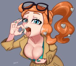 1girls alternate_breast_size areola_slip areolae bard-bot big_eyes blue_eyes blue_nails breasts cleavage clothed coat curvy fellatio_gesture female female_only flashing glasses glasses_on_head handjob_gesture human human_only large_breasts long_hair nintendo open_mouth orange_hair pokemon pokemon_ss sexually_suggestive sonia_(pokemon) text tongue tongue_out watermark wide_hips