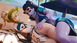 2girls 3d alternate_costume ass_grab beach blizzard_entertainment breasts breasts_out cote_d'azur_widowmaker looking_at_partner mercy nipples nyalicia overwatch playful submissive waist_grab widowmaker winged_victory_mercy yuri