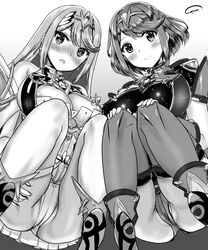 2girls armor bangs blonde_hair blush breasts cleavage cleavage_cutout commentary covered_navel doujinshi earrings female fingerless_gloves gem gloves gradient gradient_background headpiece highres jewelry koumo large_breasts monochrome multiple_girls mythra nintendo nipple_slip nipples panties pussy pyra red_eyes red_hair red_shorts short_hair shorts shoulder_armor smile swept_bangs thigh_strap tiara underwear xenoblade_(series) xenoblade_chronicles_2 yellow_eyes