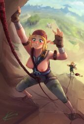 1boy 1girls areolae bare_calves blonde_hair blush blushing breast_slip breasts breasts_out breath_of_the_wild calves champion's_tunic climber's_bandana climbing climbing_boots climbing_gear climbing_gear_(breath_of_the_wild) climbing_set eltonel embarrassed embarrassed_nude_female enf female fingerless_gloves green_eyes harness hiking hylian large_breasts link link_(breath_of_the_wild) male master_sword nintendo nipples pointy_ears princess_zelda rock_climbing rope sheikah_slate short_hair tears_of_the_kingdom the_legend_of_zelda wardrobe_malfunction well-worn_trousers zelda_(tears_of_the_kingdom)