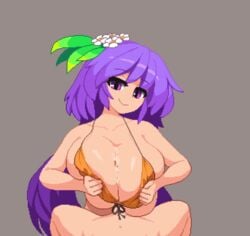 1boy 2d 2d_animation aliasing animated animated_gif ass benben_tsukumo big_breasts bikini blush breast_hold breasts deep_skin female flower focused hair_ornament hands happy_paizuri huge_breasts intertwined_cleavage large_breasts long_hair looking_at_viewer mischievous_smile nipples paizuri paizuri_lead_by_female paizuri_under_bikini paizuri_under_clothes penis pixel_animation pixel_art pov purple_eyes purple_hair shiny shiny_skin simple_background smile spread_legs swimsuit swimsuit_paizuri swimzuri takorin thick_thighs thighs touhou uncensored voluptuous