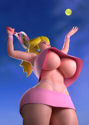 3d big_breasts blonde_hair breasts donan huge_breasts mario_(series) mario_tennis nintendo nipples no_bra princess_peach tennis underboob wide_hips