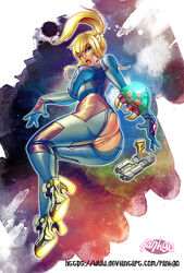 1girls anus ass baby_(metroid) blonde_hair blue_eyes bodysuit breasts female glowing gun high_heels long_hair looking_at_viewer looking_down metroid metroid_(creature) navel nintendo open_mouth ponytail pussy rankgo ripped_bodysuit samus_aran sidelocks skin_tight torn_bodysuit torn_clothes weapon zero_suit zero_suit_samus