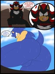 abs anthro ass big_butt bulge comic eulipotyphlan hedgehog hi_res imminent_death looking_down macro male male_only mammal megasonic17 micro muscular shadow_the_hedgehog shocked smile sonic_(series) sonic_the_hedgehog sweat text