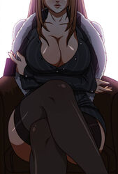 1girls art big_breasts blonde_hair breasts cleavage clothes clothing erkerut female female_only long_hair mole_under_mouth pose sitting socks solo solo_female