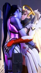 2girls 3d blizzard_entertainment breasts breasts_out fritzhq highres imminent_kiss kissing mercy overwatch pussy submissive widowmaker yuri