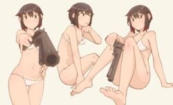 casual clothing female firearm gun handgun highres human kino kino_no_tabi kokuya28 pale_skin panties revolver short_hair soldier tomboy underwear weapon