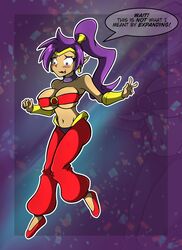 1girls big_breasts blue_eyes breast_expansion breasts dark_skin female female_only humanoid kiroxiii large_breasts purple_hair shantae shantae_(character) smooth_skin solo solo_female speech_bubble