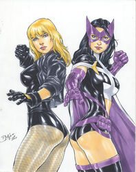 2girls ass belt big_breasts black_canary black_gloves black_hair blonde_hair blue_eyes breasts busty curvaceous curvy dc dc_comics dinah_lance ed_benes ed_benes_studio erect_nipples female female_ass female_only fishnet_stockings fishnets fists gloves green_arrow_(series) helena_bertinelli human huntress_(dc) jacket latex leather leotard long_hair mask metahuman multiple_girls nipples nipples_visible_through_clothing pinup pouch purple_gloves purple_mask raised_fist superheroine thighhighs utility_belt voluptuous zipper_pull_tab