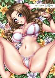 1girls aerith_gainsborough anus artist_name blue_eyes bra breasts brown_hair clothing female female_only final_fantasy final_fantasy_vii hair panties sevie solo square_enix thong video_games