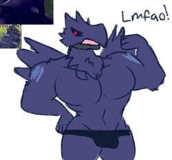 ! 1boy anthro anthrofied avian barazoku beak bulge clawzetto clothed clothing corviknight english_text feathers looking_at_viewer male male_only mostly_nude muscular nintendo no_nipples official_art pecs pokémon_(species) pokemon pokemon_ss red_eyes screenshot solo source_request standing text thick_thighs tongue topless underwear video_games wings