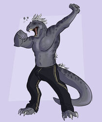 2019 anthro claws closed_eyes dinosaur erection feathers flexing grey_skin hi_res male male_only morning_wood muscular muscular_male open_mouth pecs reptile scales scalie simple_background solo standing stretching sweatpants teeth thatmuttmarie theropod tyrannosaurid tyrannosaurus tyrannosaurus_rex white_feathers yawn