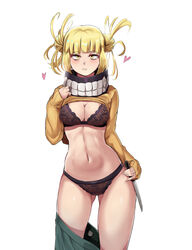 1girls abs ass_visible_through_thighs bangs belly black_bra black_panties blonde_hair blunt_bangs bra breasts cleavage clothed clothes double_bun female female_only floral_print heart himiko_toga human knife large_breasts light-skinned_female light_skin looking_at_viewer midriff my_hero_academia navel nico-mo panties shirt_lift shounen_jump side_bun simple_background skirt skirt_down solo thigh_gap underwear weapon white_background wide_hips yellow_eyes