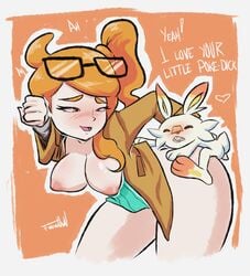 1boy 1girls blush female franarts_uwu furry human interspecies male pokemon pokemon_ss pokephilia scorbunny sex smaller_male sonia_(pokemon) text vaginal_penetration watermark