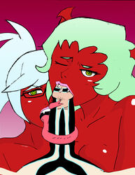 1boy 2girls artist_request big_penis blue_hair collaborative_fellatio crossover demi-fiend demon demon_boy demon_girl double_fellatio fangs fellatio female forked_tongue glasses gradient_background green_eyes green_hair hitoshura horn horns kneesocks_daemon lipstick long_tongue male megami_tensei multiple_girls oral panty_&_stocking_with_garterbelt penis red_skin saliva scanty_daemon shin_megami_tensei shin_megami_tensei_iii:_nocturne shiny_skin sisters source_request straight tattoos threesome tongue