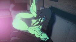 artist_name ass black_hair blue_eyes blush censored erkerut feet female female_only ghost ghost_girl green_skin humanoid legs light long_hair open_pussy patreon pussy samara_(erkerut) solo spirit spoken_heart tagme tv