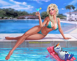 1boy 1girls bikini blonde_hair blue_eyes blue_toenails clothing disney elsa_(frozen) female female_focus frozen_(film) hair jpeg_artifacts large_breasts long_hair male olaf_(frozen) pool poolside rzhevskii snow snowman