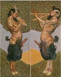 balls beard boner duo erection flute greek_mythology hairy_legs hooves horn horns_and_hooves male male_only pan_flute pan_pipes penis pubes satyr tail testicles yaoi