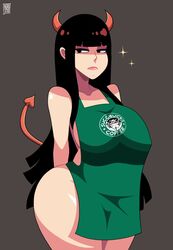 1girls 2018 androjuniarto apron apron_only bangs barista black_hair bored breasts brown_background busty clothing covered_breasts curvy dated demon demon_girl demon_horns demon_tail devil_horns devil_tail emotionless eyelashes eyeshadow female female_only half-closed_eyes highres horns humanoid iced_latte_with_breast_milk lips long_hair looking_away looking_to_the_side meme naked_apron naoko_(lien_tsu) nipple_outline original partially_clothed sexually_suggestive shiny_hair shiny_skin sideboob signature solo standing starbucks succubus tail thick_legs thick_thighs uninterested voluptuous wide_hips