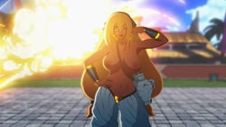 arena art big_breasts blonde_hair breasts dragon dragon_ball dragon_ball_xenoverse erkerut female fight green_eyes humanoid light long_hair majin nipples original_character straight tentacle_hair