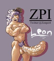 1boy arms_crossed bara baseball_hat biceps big_biceps big_penis boner circumcised club_shaped_penis crossed_arms erection grey_background hairy hairy_legs hat huge_cock huge_penis human hyper hyper_penis large_penis leon_(pokemon) long_penis male male_only muscular muscular_male nintendo nude pecs penis pokemon pokemon_ss pubic_hair purple_hair slightly_chubby smile smug solo text thick_penis twitter_username url veins veiny_penis watermark white_hair zenpei