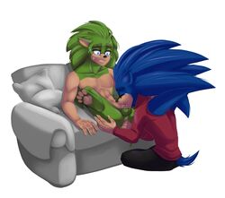 anal anal_fingering anthro balls claws clothed clothing deepthroat duo eulipotyphlan fingering hedgehog male mammal niranna nude paws penis scourge_the_hedgehog sofa sonic_(series) sonic_the_hedgehog sweat tears toe_claws yaoi