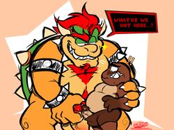 2019 2boys anthro benny_(wanderer-of-time) blush body_hair bowser chest_hair clothed clothing duo english_text erection goomba hair happy_trail horn humanoid humanoid_penis koopa male male_only mario_(series) multiple_boys nintendo penis scalie simple_background speech_bubble spikes standing text torquewintress underwear video_games yaoi