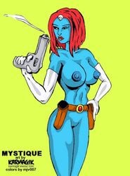 1girls black_eyes blue_skin color colored female female_only karmagik marvel marvel_comics mjv007 mutant mystique raven_darkholme red_hair solo straight_hair tagme x-men yellow_background