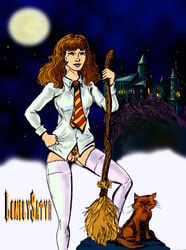 1girls broom castle cat crookshanks female female_only gryffindor gryffindor_tie harry_potter hermione_granger hogwarts lonelysatyr pubic_hair pussy shirt solo solo_female tagme witch_(harry_potter)